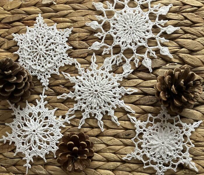 Set of crocheted 3D snowflakes (5 pieces)